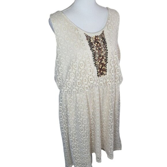 Maurices Plus Dress Womens 2X Doily Eyelet Lace Sleeveless Beaded Sequin Beige - Picture 1 of 16